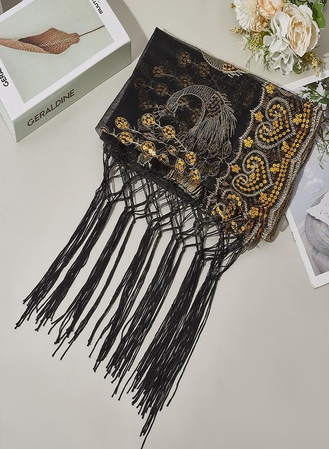 CABODYALS Black Floral Lace Shawl Wraps Sparkly Sequin Fringe Tassel Scarf with Gold Flower Peacock Patterns Vintage 1920S Long Chiffon Pashmina Shawls for Women Evening Dress Formal Wedding Party - Image 3